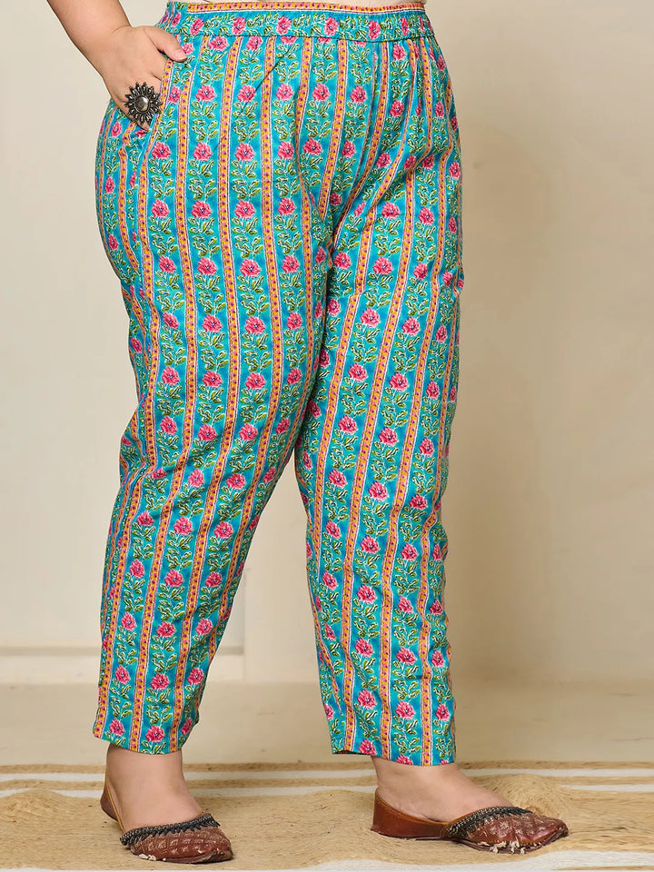 Turquoise Blue Cotton Floral Print Lace Work Plus Size Kurta Pants Dupatta Set