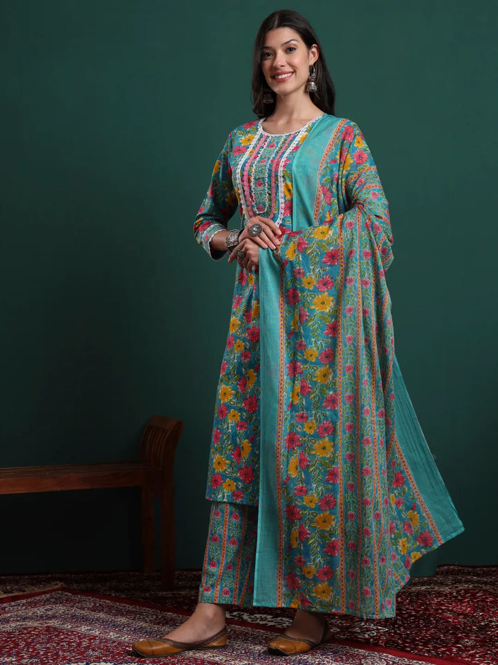 Turquoise Blue Cotton Floral Print Lace Work Kurta Pants Dupatta Set