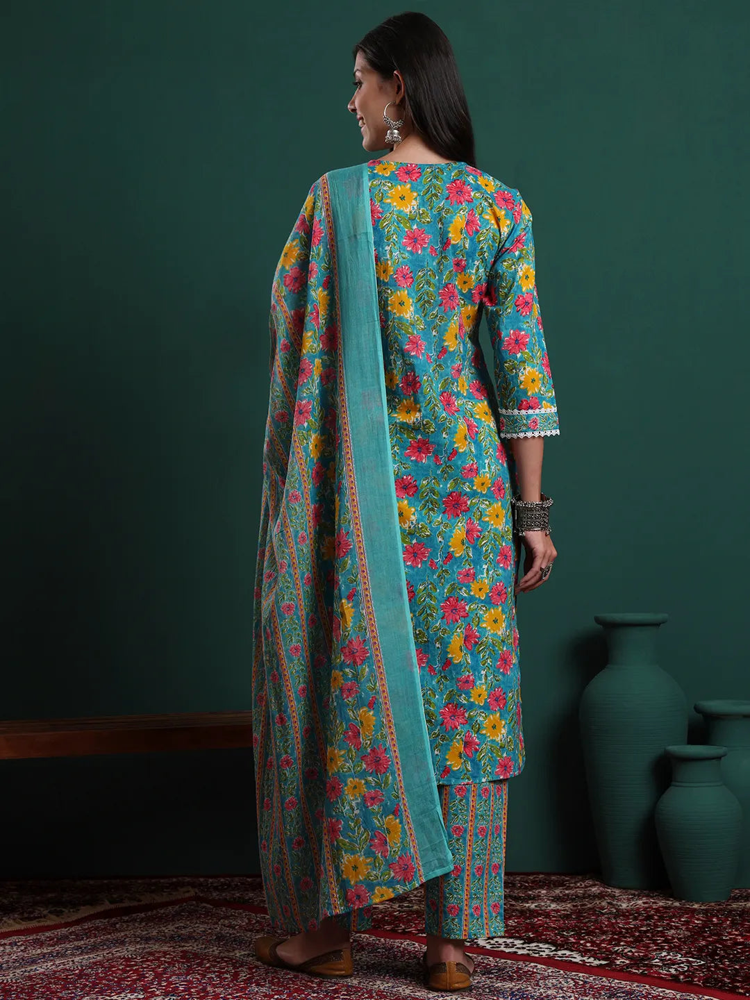 Turquoise Blue Cotton Floral Print Lace Work Kurta Pants Dupatta Set
