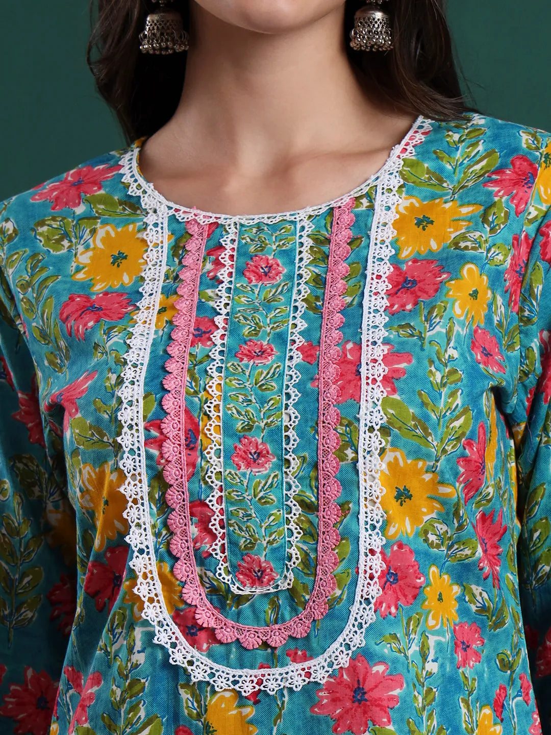 Turquoise Blue Cotton Floral Print Lace Work Kurta Pants Dupatta Set