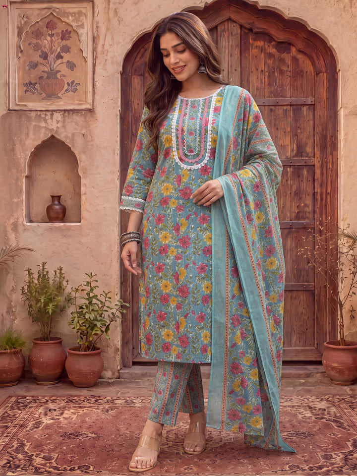 Turquoise Blue Cotton Floral Print Lace Work Kurta Pants Dupatta Set