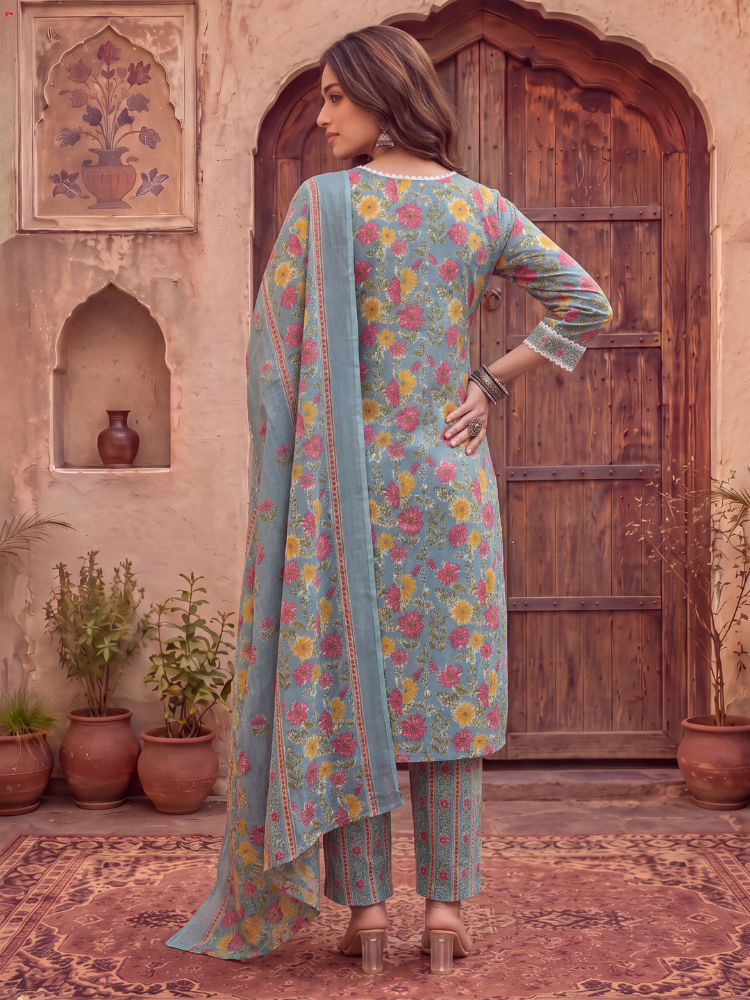 Turquoise Blue Cotton Floral Print Lace Work Kurta Pants Dupatta Set