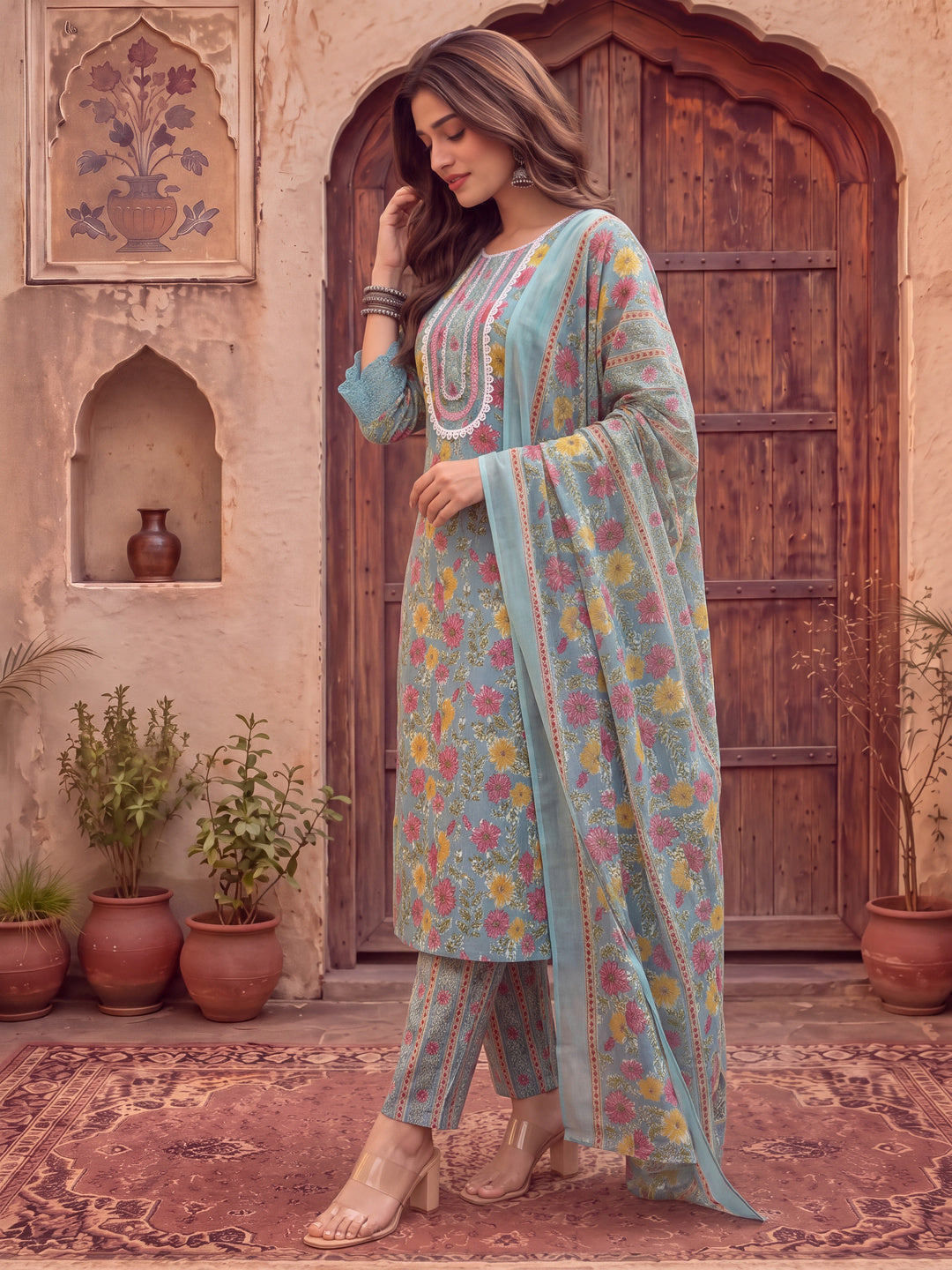 Turquoise Blue Cotton Floral Print Lace Work Kurta Pants Dupatta Set