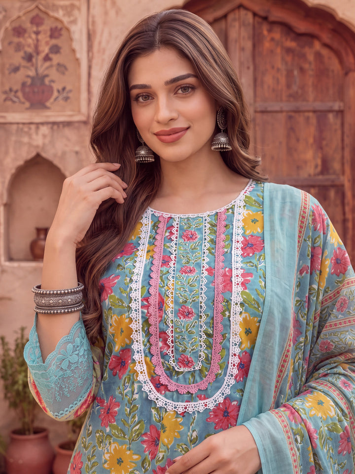 Turquoise Blue Cotton Floral Print Lace Work Kurta Pants Dupatta Set