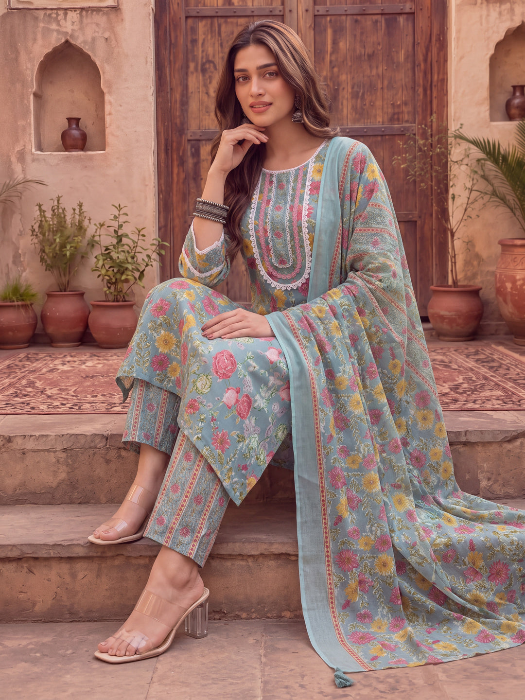 Turquoise Blue Cotton Floral Print Lace Work Kurta Pants Dupatta Set