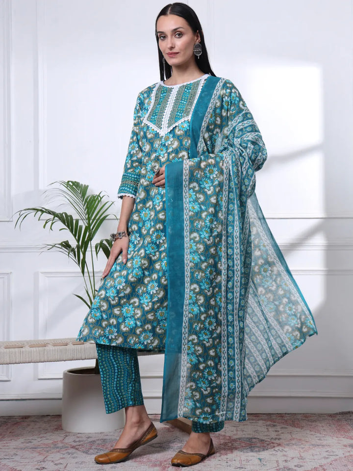 Turquoise Blue Floral Lace Work Cotton Straight Kurta Trouser Dupatta Set