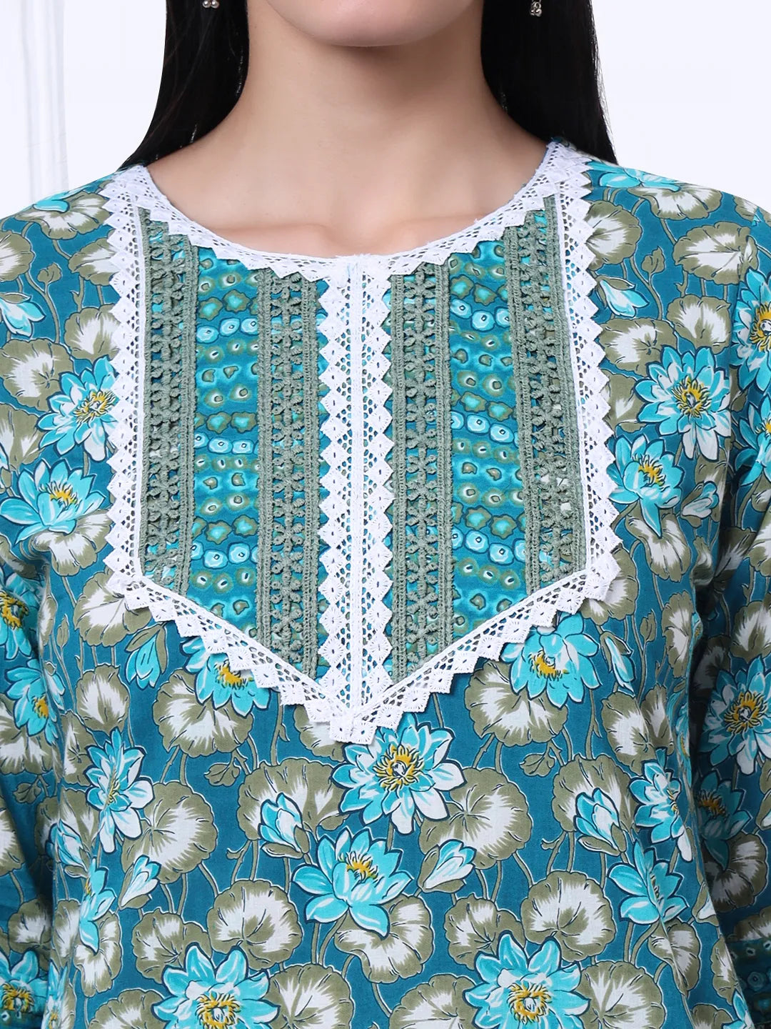 Turquoise Blue Floral Lace Work Cotton Straight Kurta Trouser Dupatta Set