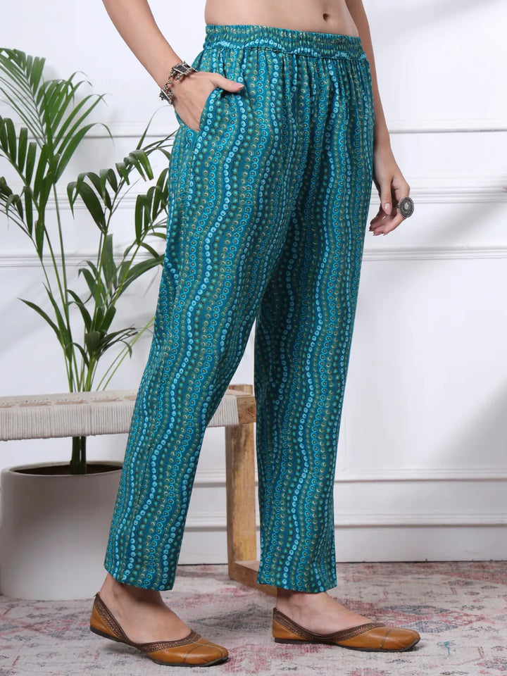 Turquoise Blue Floral Lace Work Cotton Straight Kurta Trouser Dupatta Set