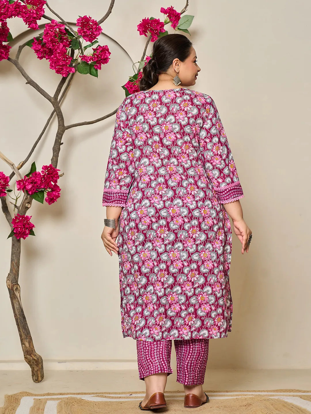 Burgundy And Grey Cotton Floral Print Lace Work Plus Size Kurta Pants Dupatta Set