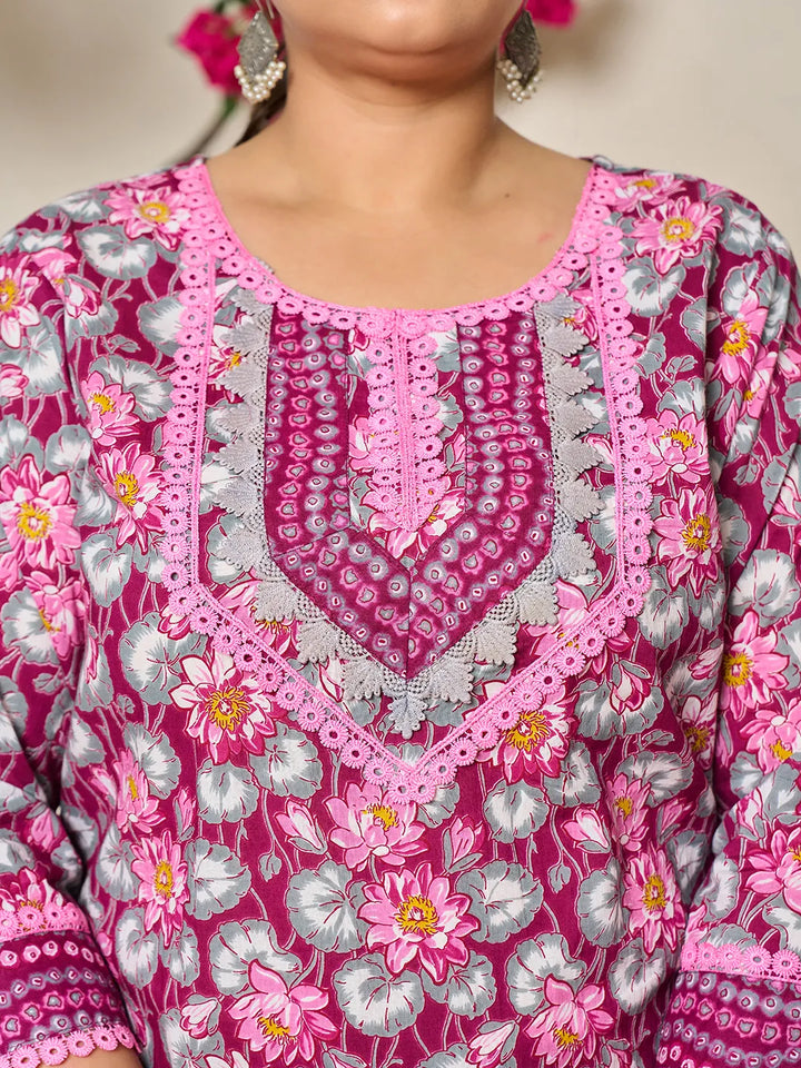 Burgundy And Grey Cotton Floral Print Lace Work Plus Size Kurta Pants Dupatta Set