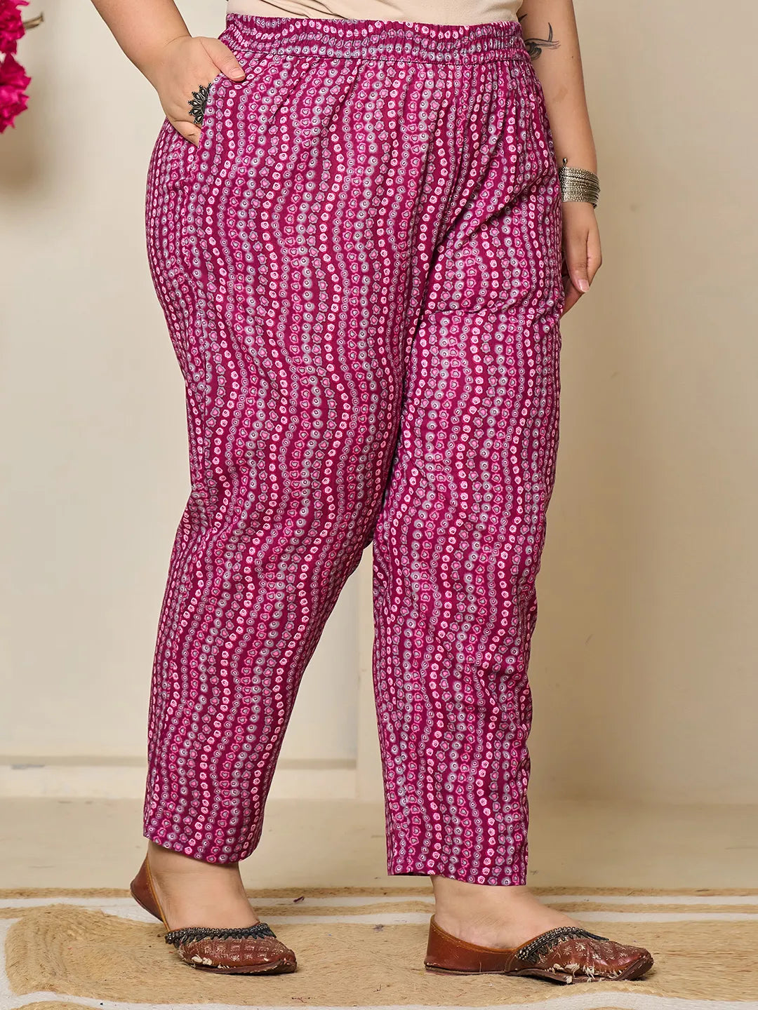 Burgundy And Grey Cotton Floral Print Lace Work Plus Size Kurta Pants Dupatta Set