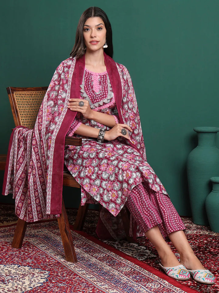 Burgundy And Grey Cotton Floral Print Lace Work Kurta Pants Dupatta Set