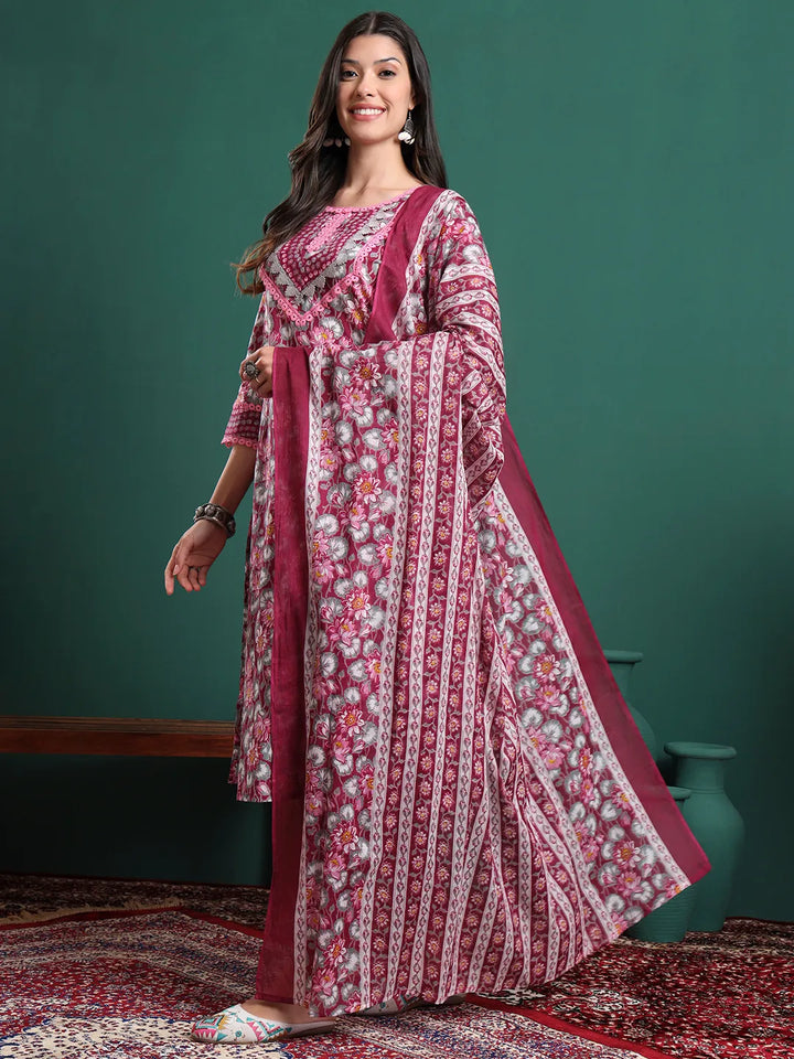 Burgundy And Grey Cotton Floral Print Lace Work Kurta Pants Dupatta Set