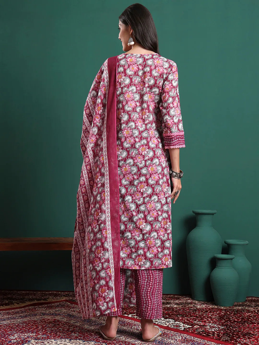 Burgundy And Grey Cotton Floral Print Lace Work Kurta Pants Dupatta Set