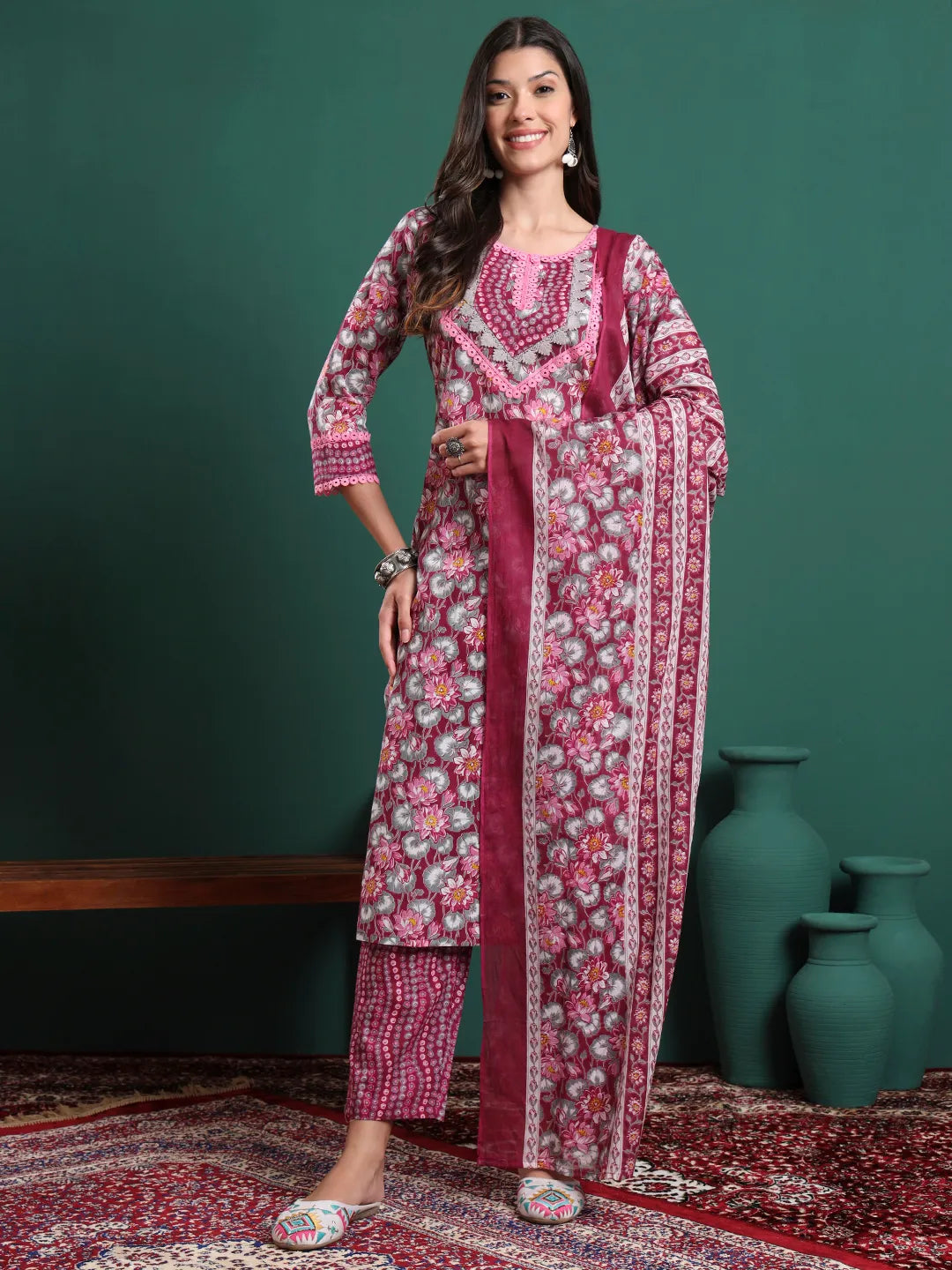 Burgundy And Grey Cotton Floral Print Lace Work Kurta Pants Dupatta Set