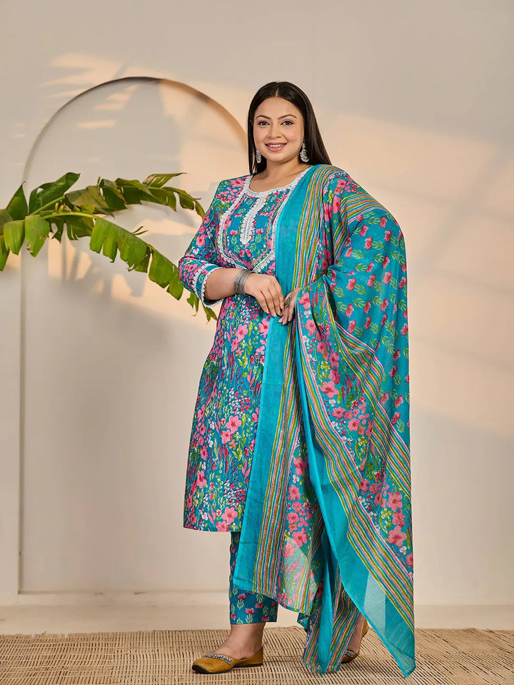 Turquoise Blue Cotton Lace Work Straight Plus Size Kurta Trouser Dupatta Set