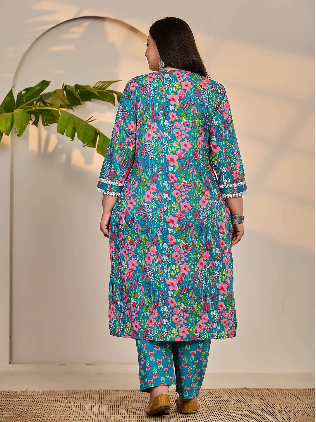 Turquoise Blue Cotton Lace Work Straight Plus Size Kurta Trouser Dupatta Set