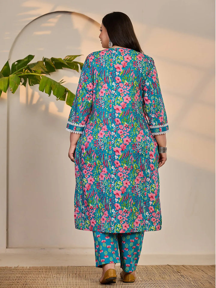 Turquoise Blue Cotton Lace Work Straight Plus Size Kurta Trouser Dupatta Set