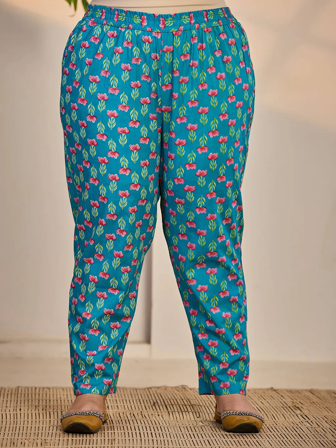 Turquoise Blue Cotton Lace Work Straight Plus Size Kurta Trouser Dupatta Set