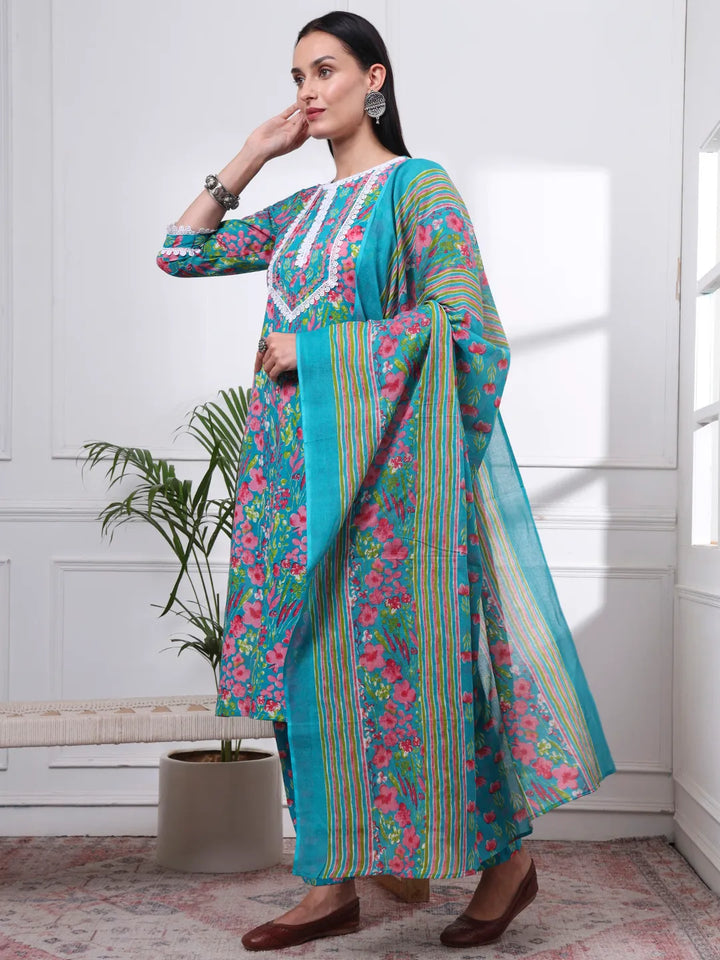 Turquoise Blue Patch Work Lace Work Cotton Straight Kurta Trouser Dupatta Set