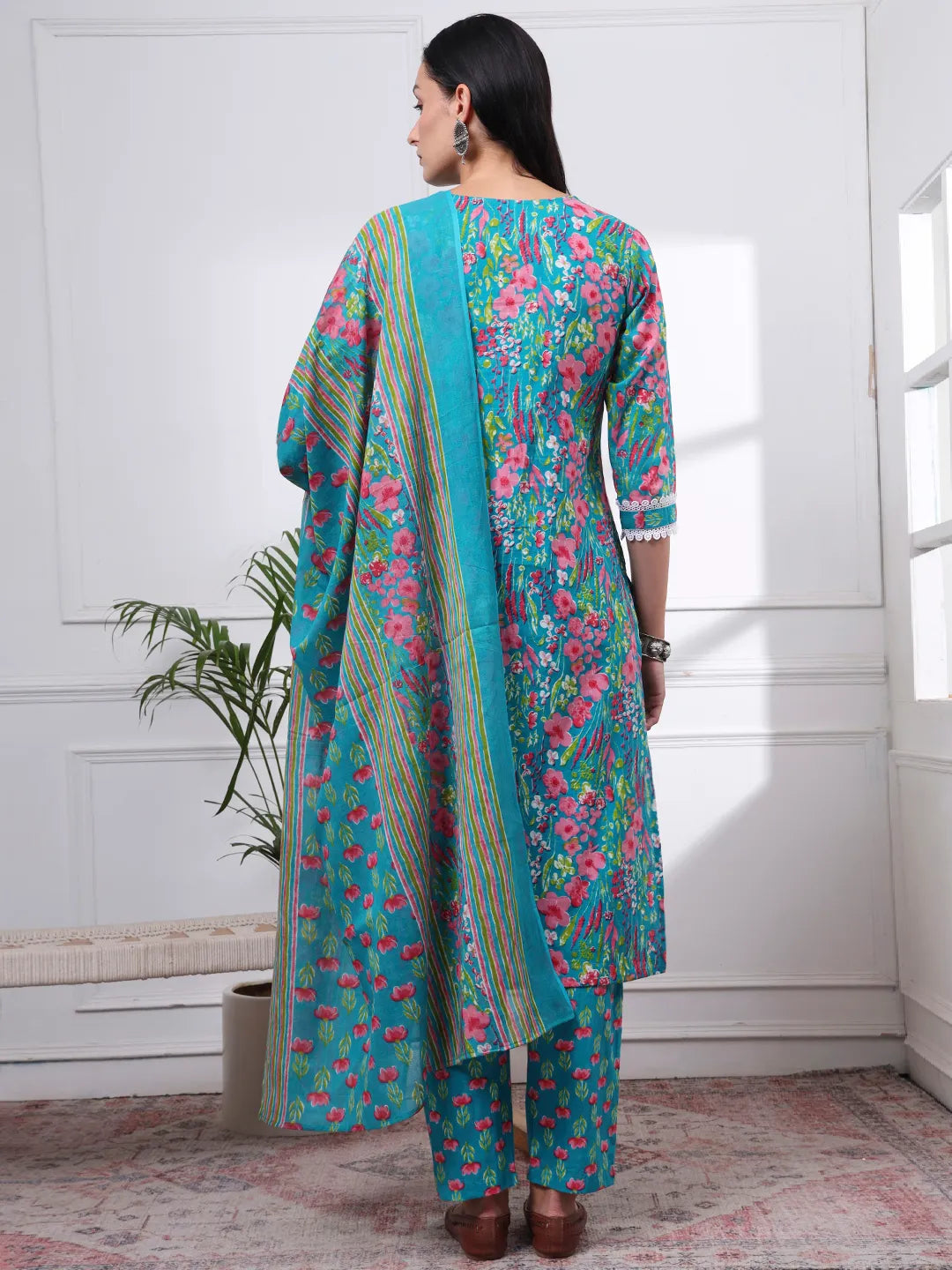 Turquoise Blue Patch Work Lace Work Cotton Straight Kurta Trouser Dupatta Set