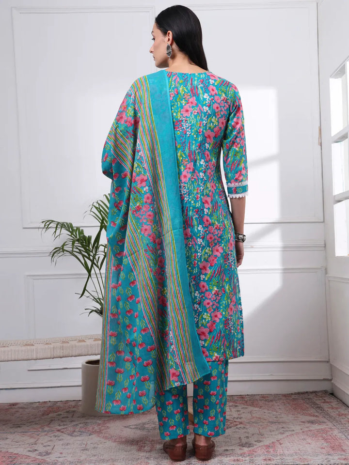 Turquoise Blue Patch Work Lace Work Cotton Straight Kurta Trouser Dupatta Set