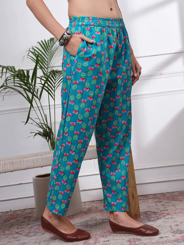 Turquoise Blue Patch Work Lace Work Cotton Straight Kurta Trouser Dupatta Set