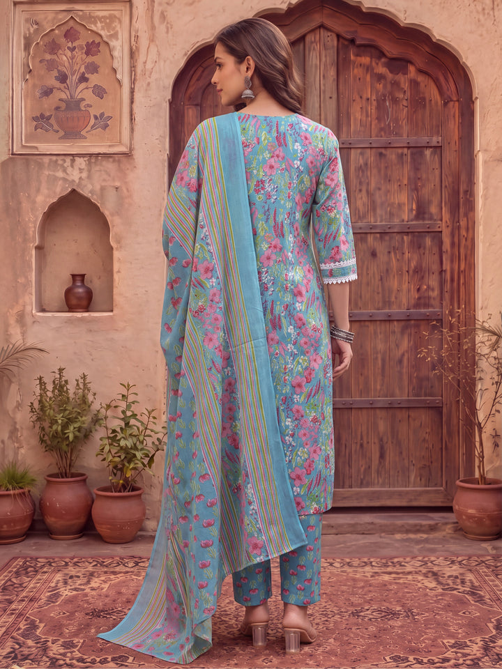 Turquoise Blue Patch Work Lace Work Cotton Straight Kurta Trouser Dupatta Set