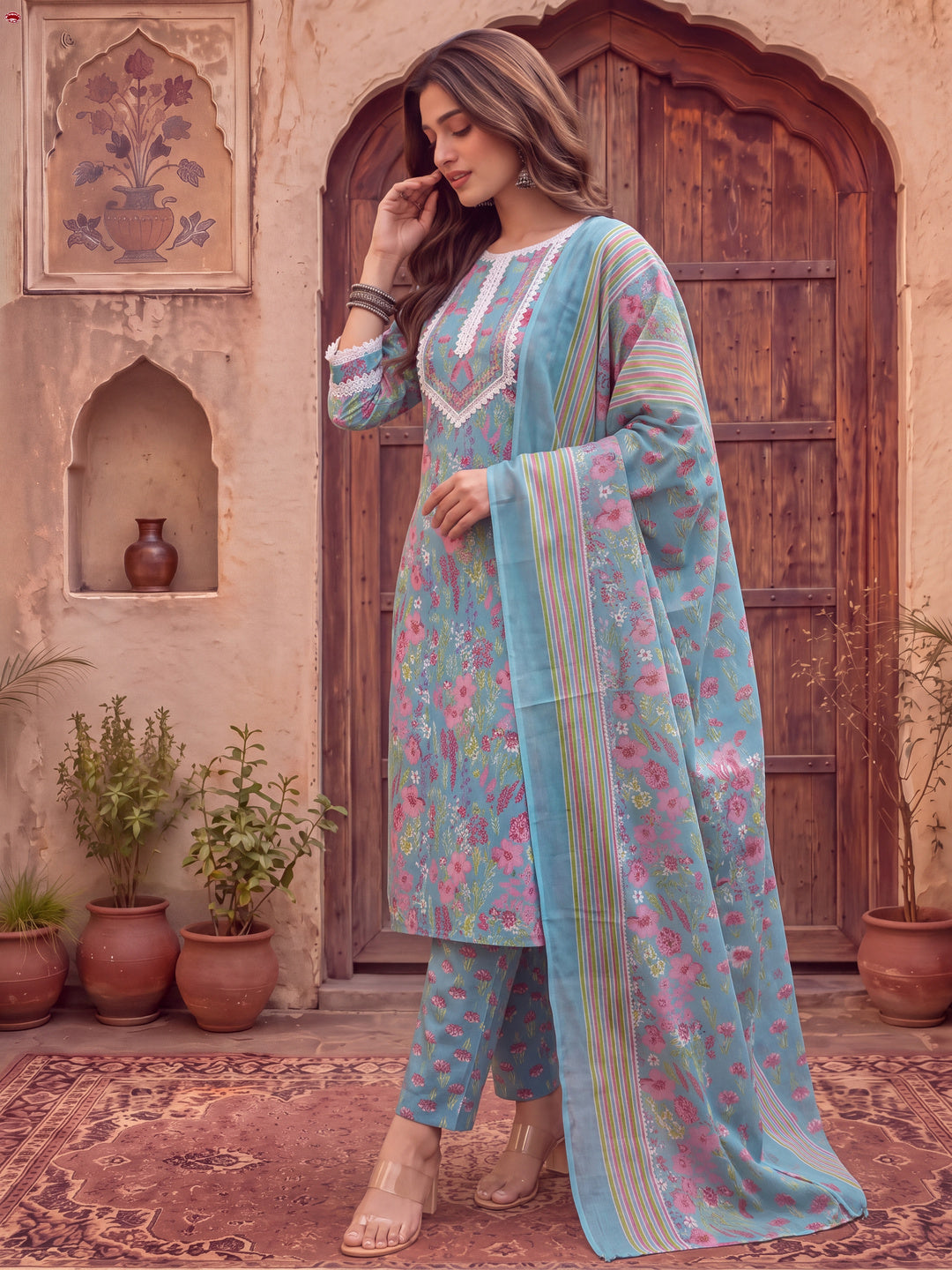 Turquoise Blue Patch Work Lace Work Cotton Straight Kurta Trouser Dupatta Set