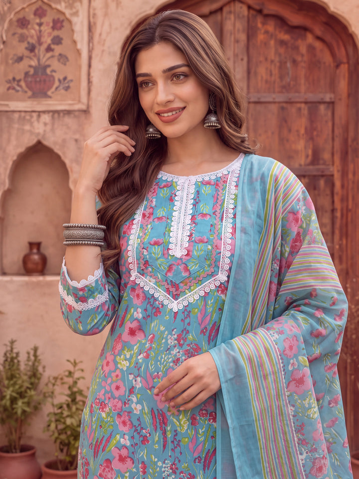 Turquoise Blue Patch Work Lace Work Cotton Straight Kurta Trouser Dupatta Set