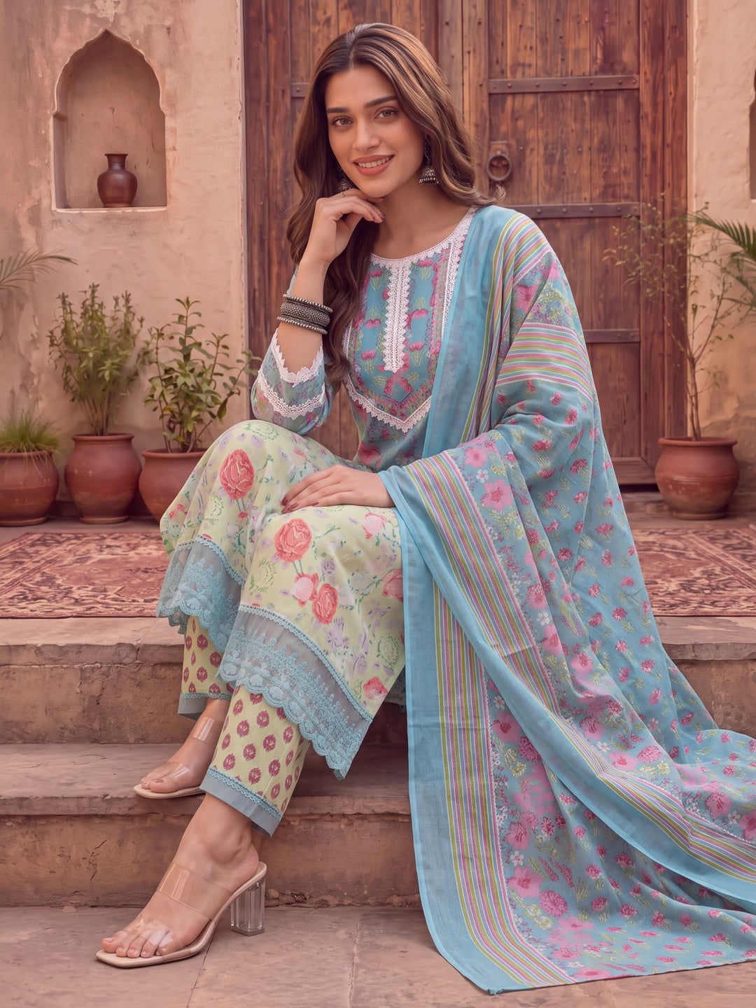 Turquoise Blue Patch Work Lace Work Cotton Straight Kurta Trouser Dupatta Set