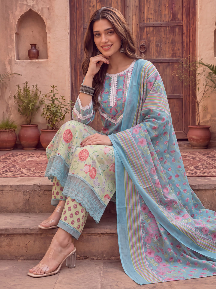 Turquoise Blue Patch Work Lace Work Cotton Straight Kurta Trouser Dupatta Set