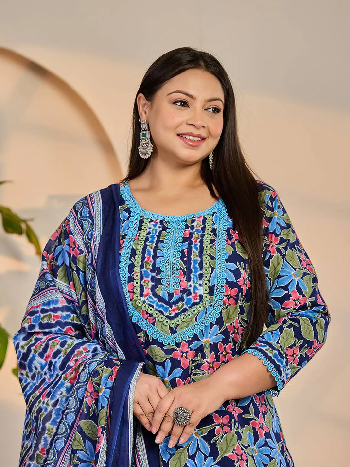 Blue Cotton Lace Work Straight Plus Size Kurta Trouser Dupatta Set