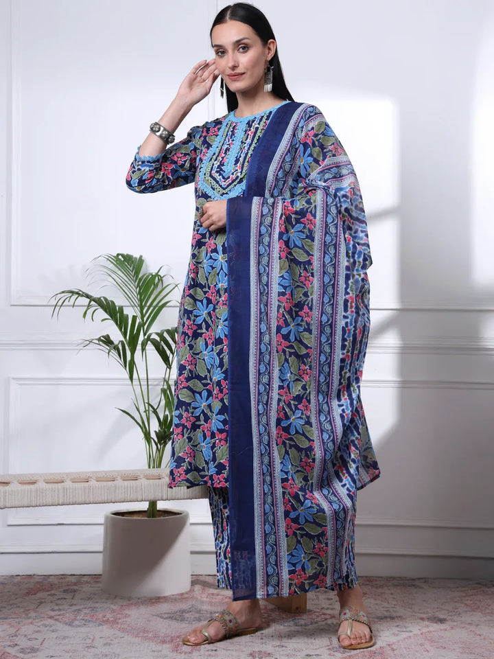 Indigo Blue Lace Work Cotton Straight Kurta Trouser Dupatta Set