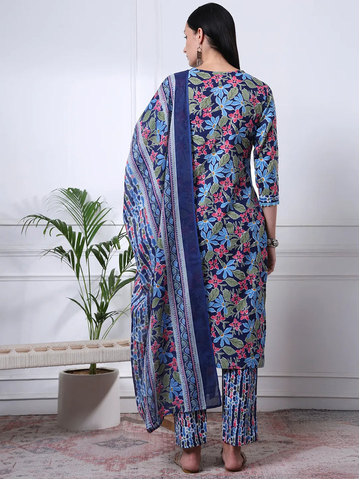 Indigo Blue Lace Work Cotton Straight Kurta Trouser Dupatta Set