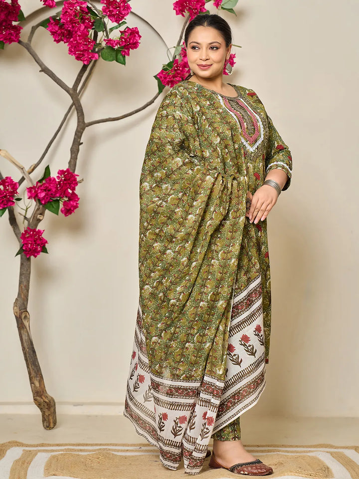 Green Cotton Lace Work On Yoke Straight Plus Size Kurta Dupatta Pant Set