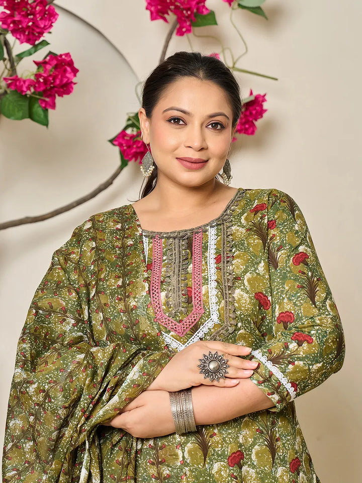 Green Cotton Lace Work On Yoke Straight Plus Size Kurta Dupatta Pant Set