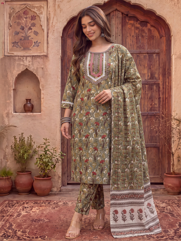 Green Cotton Lace Work On Yoke Straight Kurta Dupatta Pant Set