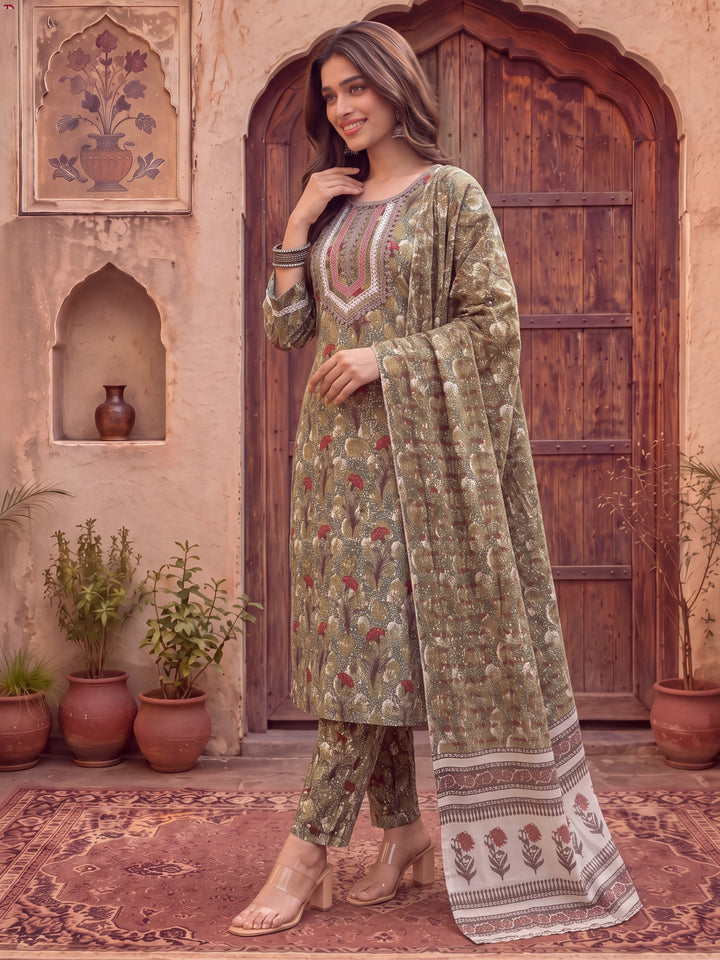 Green Cotton Lace Work On Yoke Straight Kurta Dupatta Pant Set