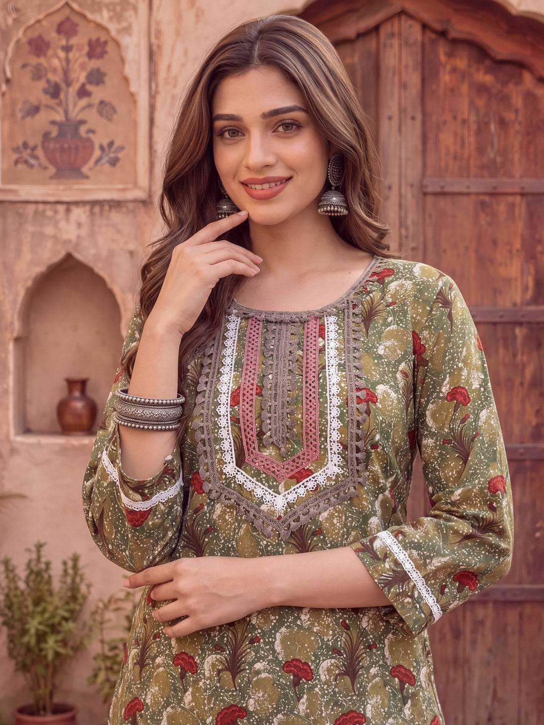 Green Cotton Lace Work On Yoke Straight Kurta Dupatta Pant Set