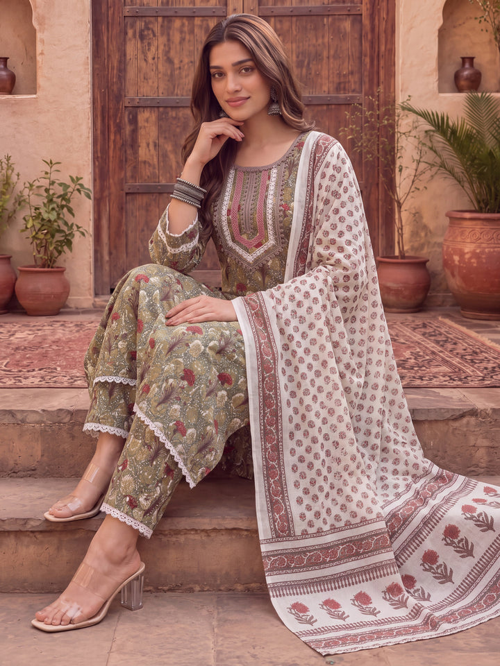 Green Cotton Lace Work On Yoke Straight Kurta Dupatta Pant Set