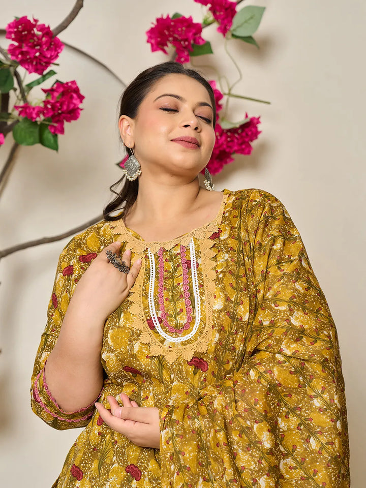 Mustard Pure Cotton Lace Work On Yoke Straight Plus Size Kurta Dupatta Pant Set