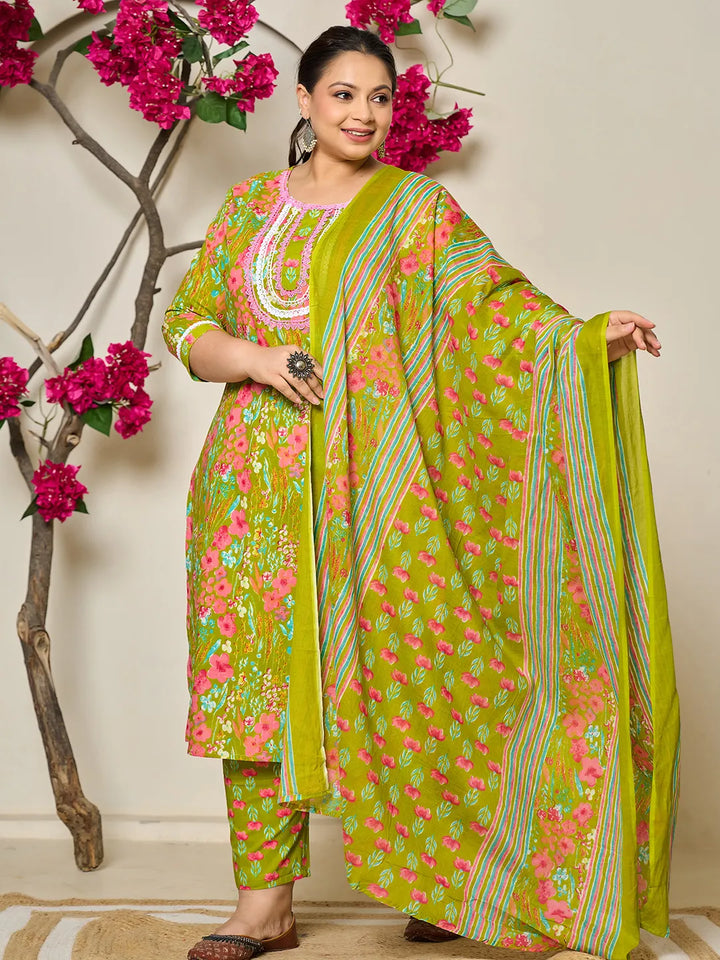 Green Floral Print Straight Plus Size Kurta Trouser Dupatta Set