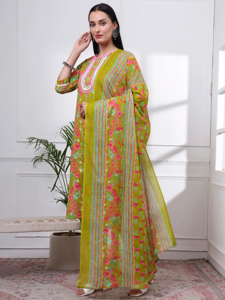 Green Floral Print Straight Kurta Trouser Dupatta Set
