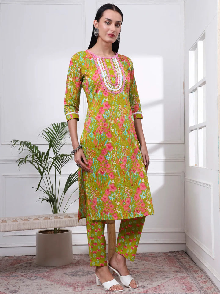 Green Floral Print Straight Kurta Trouser Dupatta Set
