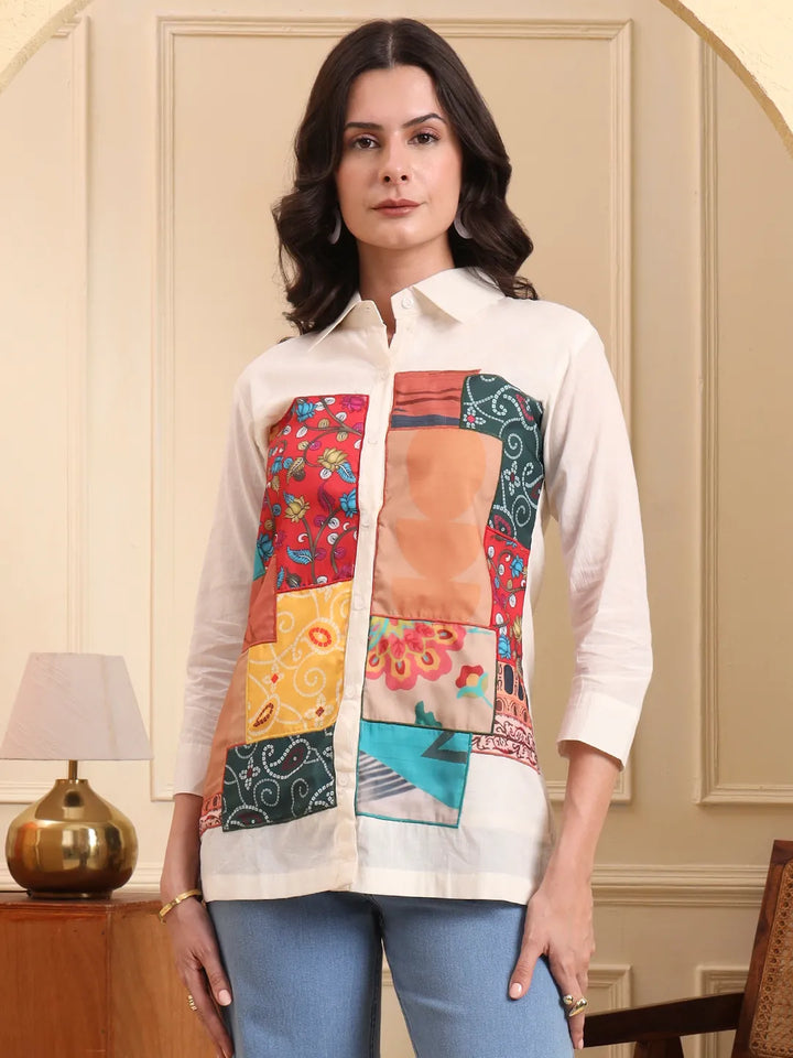 White Pure Cotton Patchwork Shirt Style Top With Lining