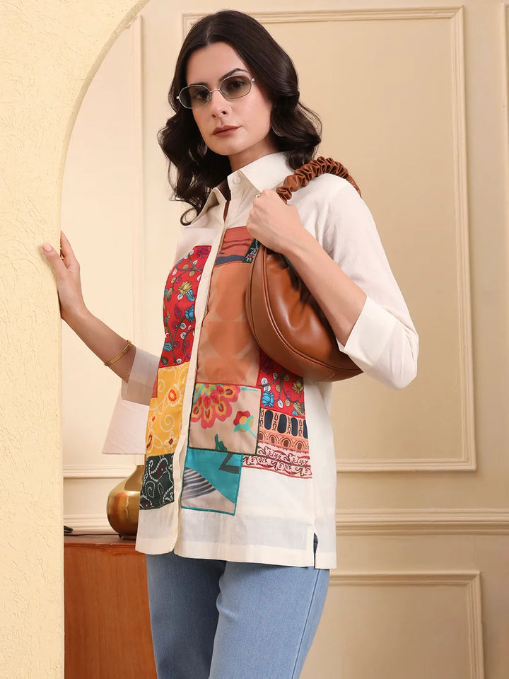White Pure Cotton Patchwork Shirt Style Top With Lining