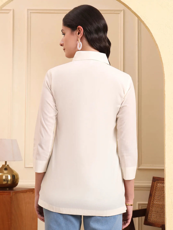 White Pure Cotton Patchwork Shirt Style Top With Lining