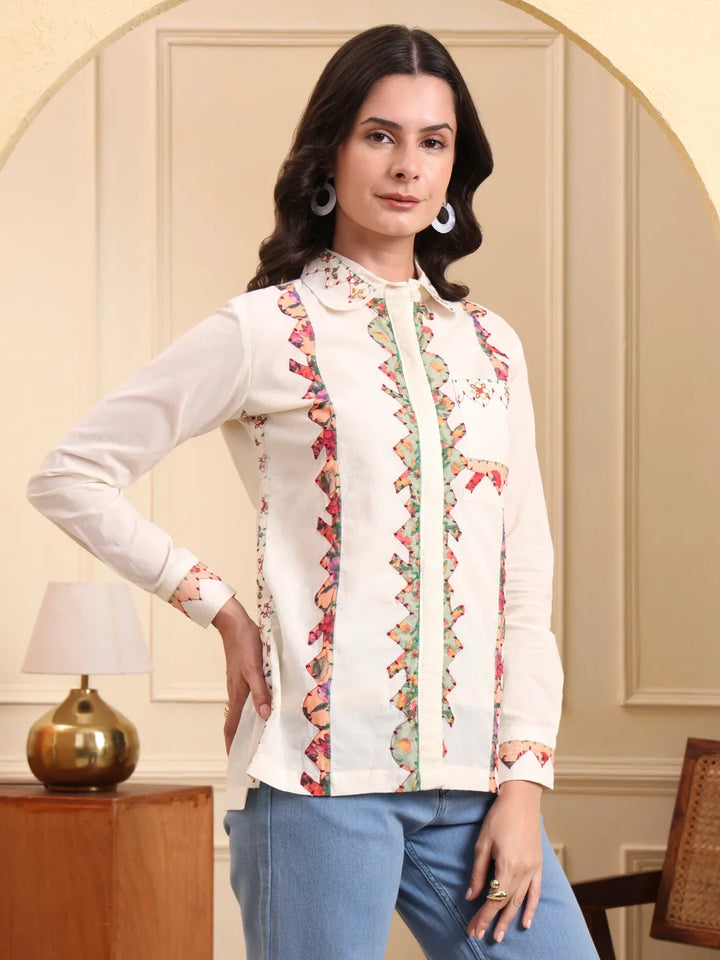 White Pure Cotton Patchwork Shirt Top