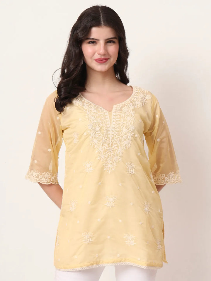 Yellow Thread Work Organza Top
